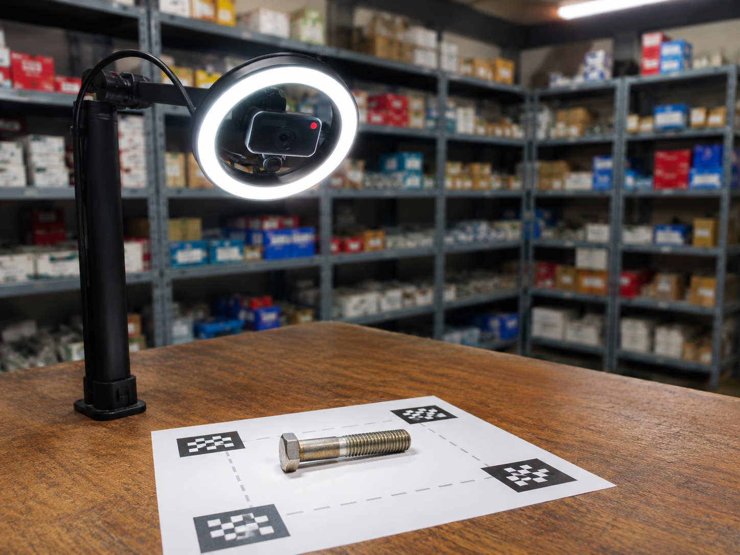 A ring-light USB camera on a stand looks down at a printed marker sheet on a workbench, with a hex bolt placed in the detection zone and stocked racks behind.