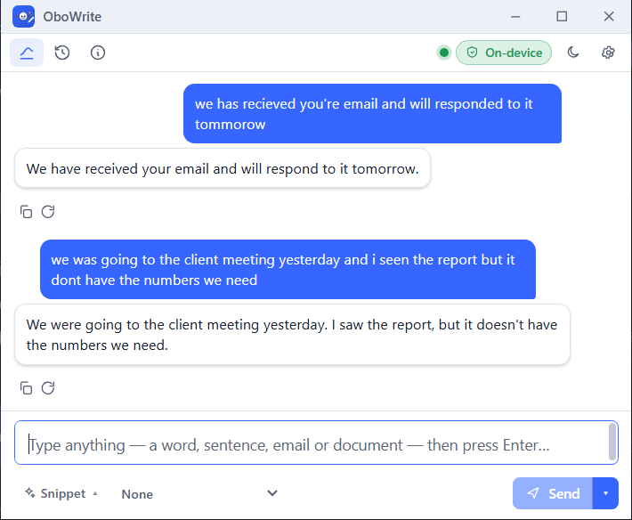 OboWrite correcting a sentence: the original above, the improved version below, with the On-device badge and timing.